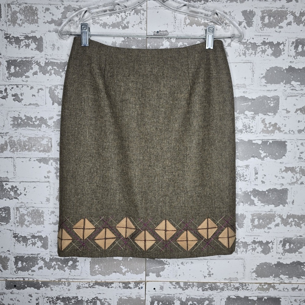Ann Taylor Loft Skirt Women Size 4P Brown Wool Blend Embroidered Retro Geometric